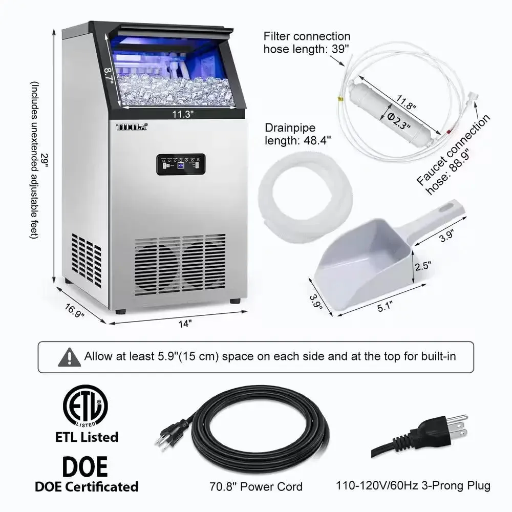 14 In. 88 Lb. Built-In Ice Maker in Stainless Steel Flip-Up Door 2 Water Inlet Modes with Scoop & Water Filter Blue Leds