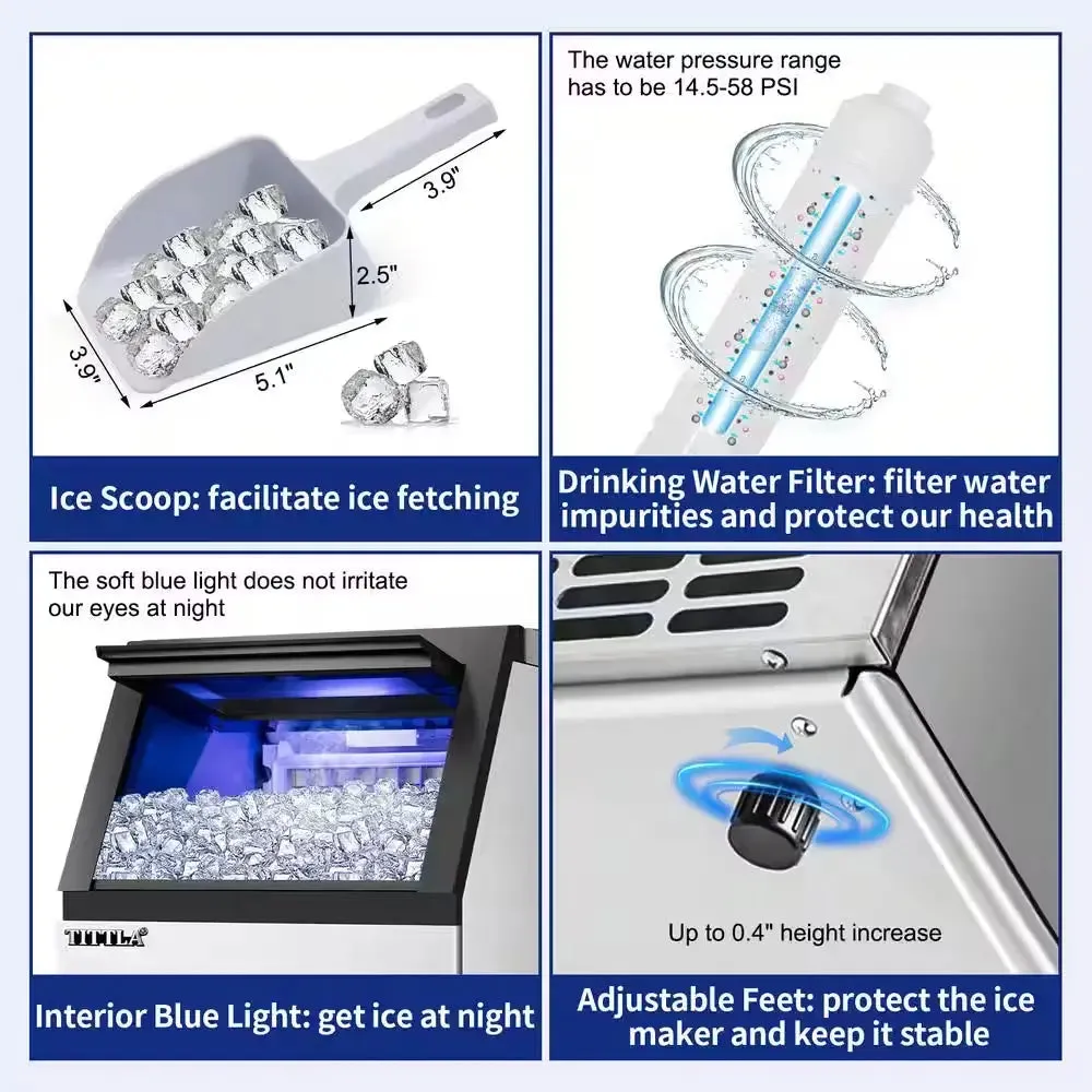 14 In. 88 Lb. Built-In Ice Maker in Stainless Steel Flip-Up Door 2 Water Inlet Modes with Scoop & Water Filter Blue Leds