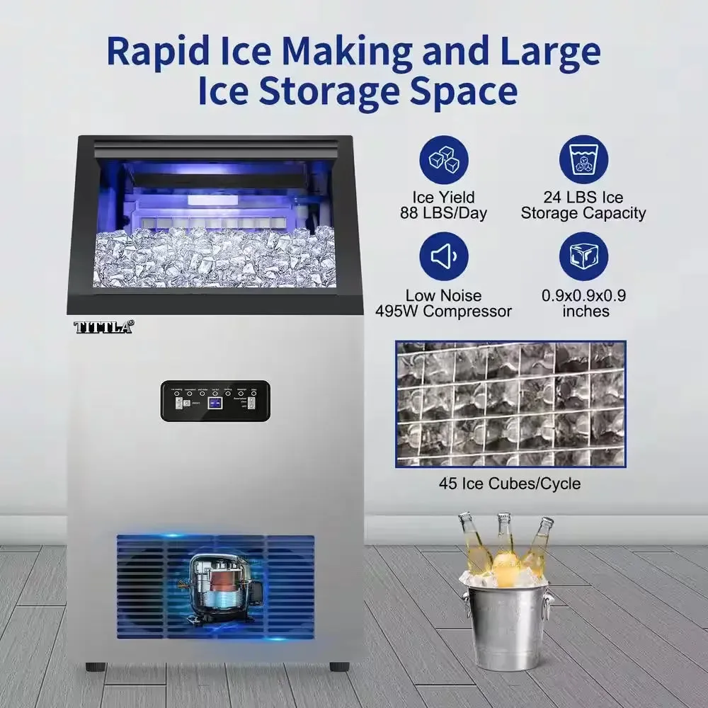 14 In. 88 Lb. Built-In Ice Maker in Stainless Steel Flip-Up Door 2 Water Inlet Modes with Scoop & Water Filter Blue Leds