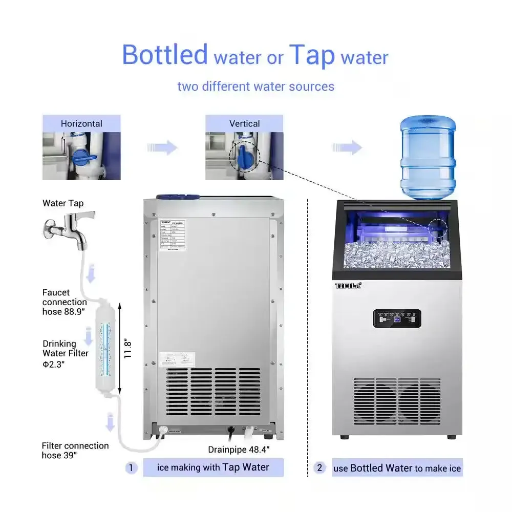 14 In. 88 Lb. Built-In Ice Maker in Stainless Steel Flip-Up Door 2 Water Inlet Modes with Scoop & Water Filter Blue Leds