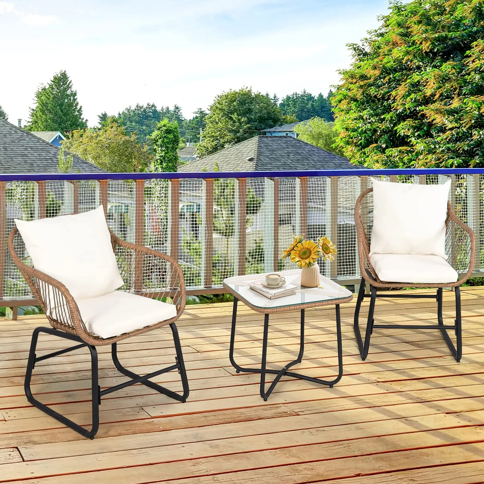 3 Pieces Patio Bistro Set, All Weather Rattan Conversation Set