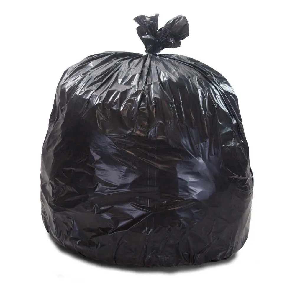 40" x 46" x 1.5 mil 45 Gallon Black 100% Post Consumer Recycled Plastic Heavy Duty Trash Can Liners with Reinforced Star Bottom Seal (100 Bags, 25 Bags/Roll, 5 Rolls/Case)