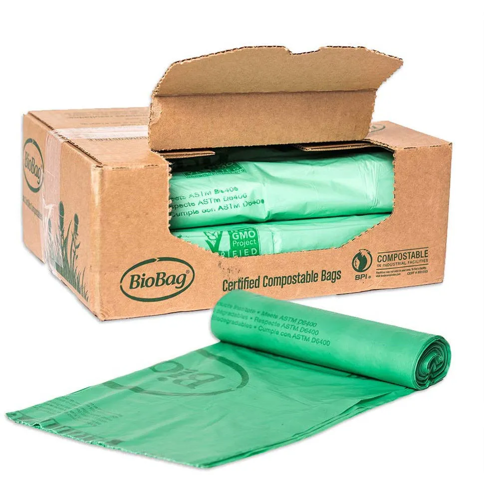 44.5" x 55" x 0.8 mil 60 Gallon Green Home-Compostable Plastic Trash Can Liners (80 Bags, 10 Bags/Roll, 8 Rolls/Case)