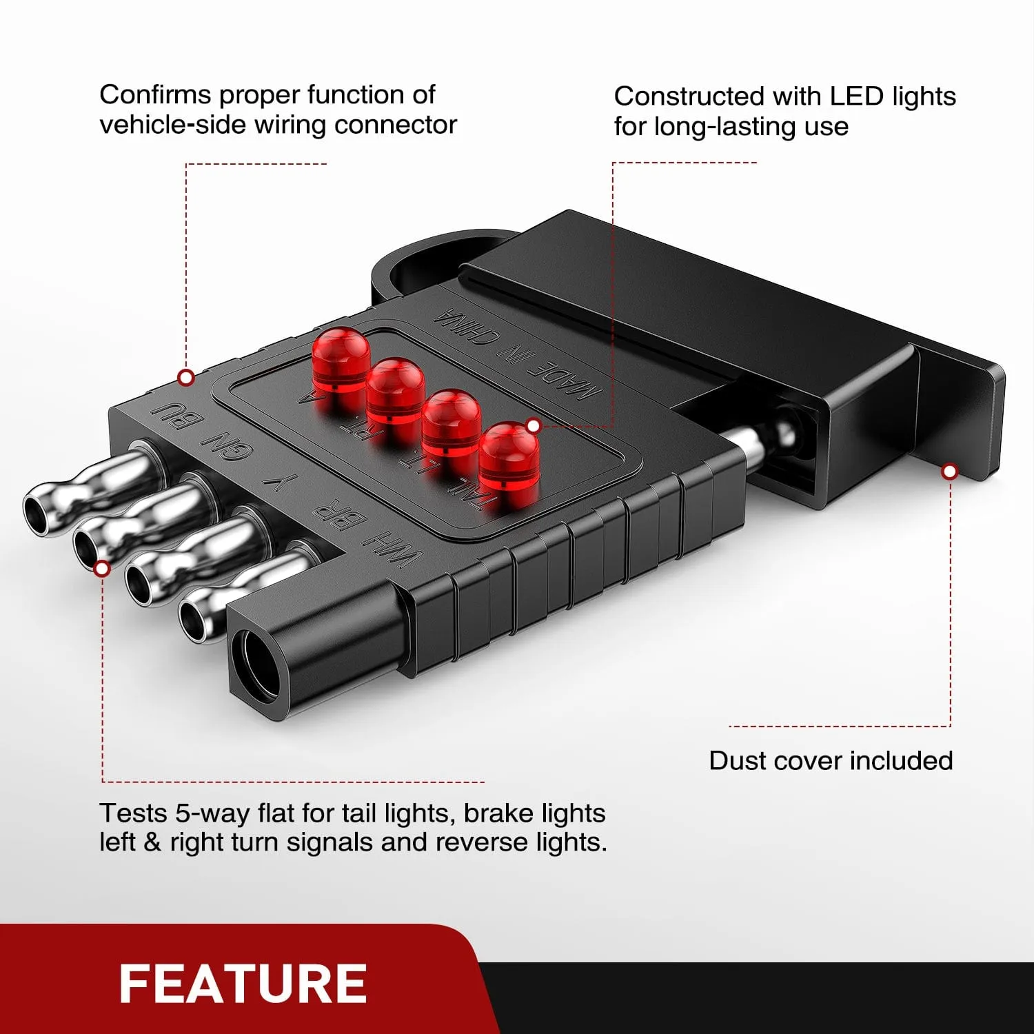5 Way Flat LED Indicator Trailer Tester for Turn Signal Tail & Reverse Lights