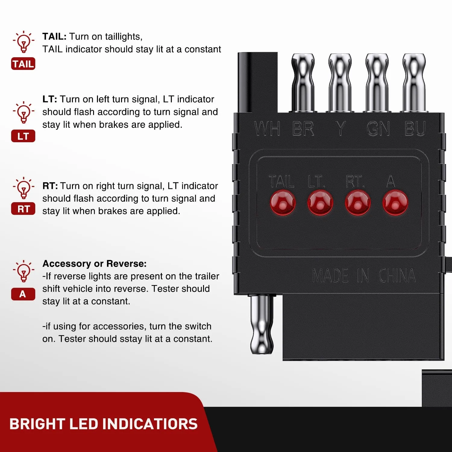 5 Way Flat LED Indicator Trailer Tester for Turn Signal Tail & Reverse Lights