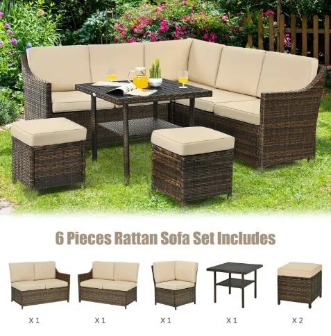 6 Pieces Patio Rattan Dining Sofa Funiture Set