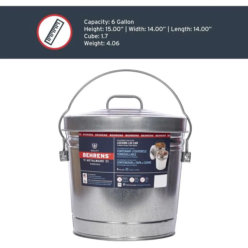 Behrens 6 gal Silver Galvanized Steel Garbage Can Lid Included Animal Proof/Animal Resistant