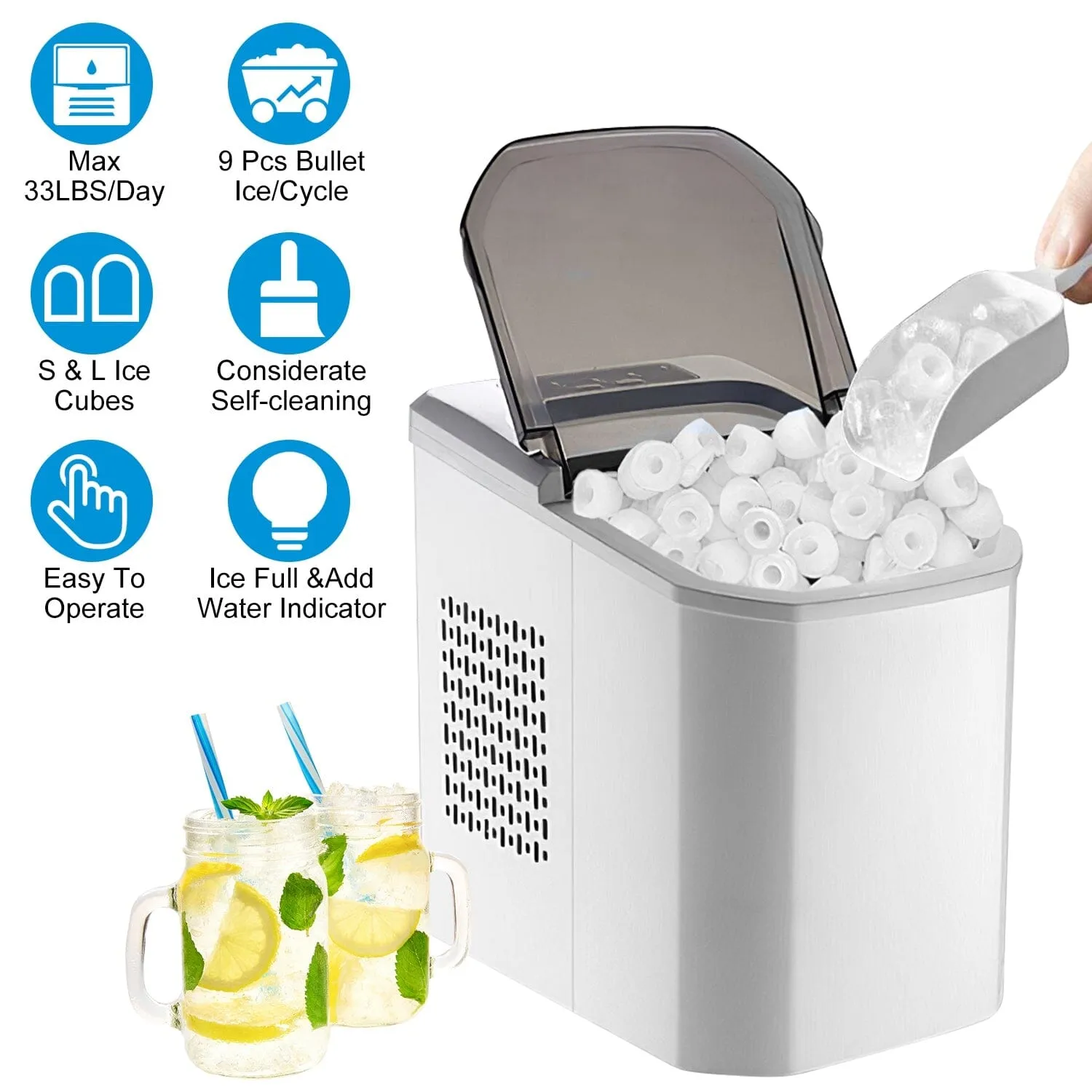 Electric Countertop Ice Make with Ice Scoop Basket Self Cleaning