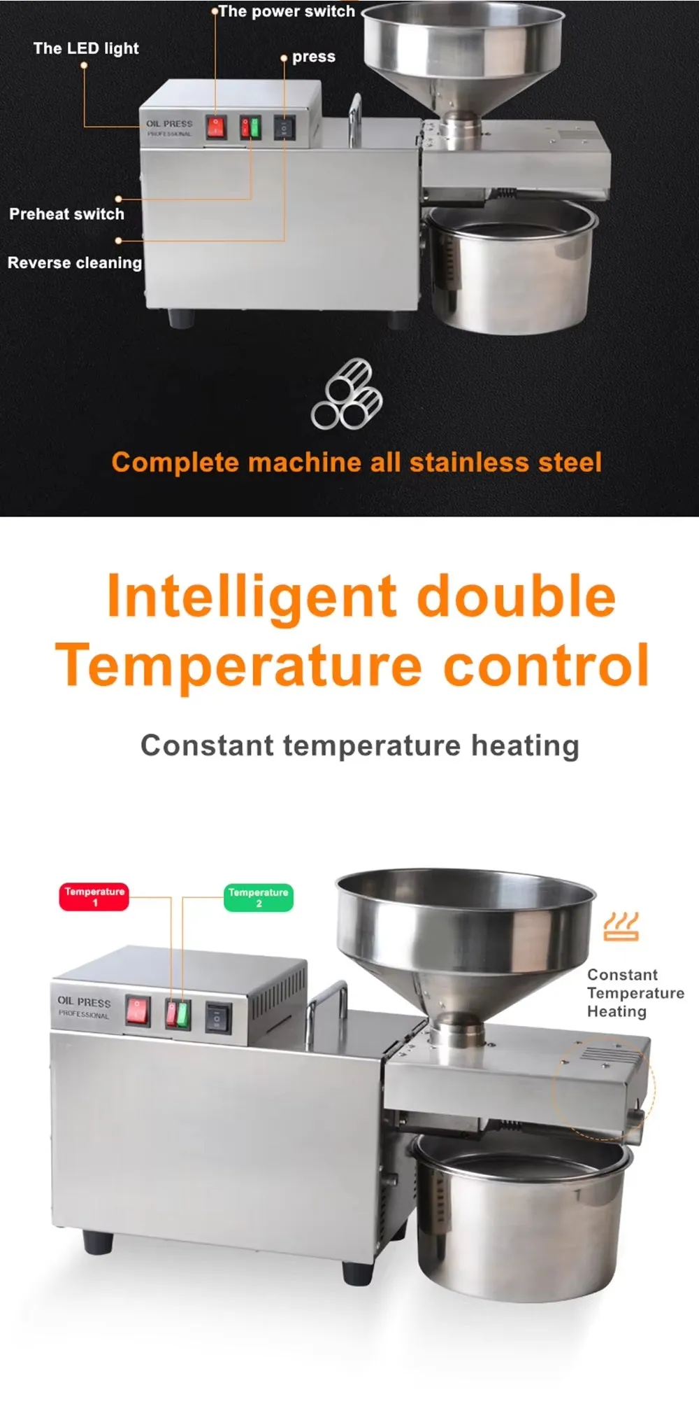 Electric Oil Press Machine – Stainless Steel Oil Extractor for Home Use, Cold/Hot Press, Easy to Operate, High Efficiency for Seeds, Nuts, and Grains - 1200W Commercial Use