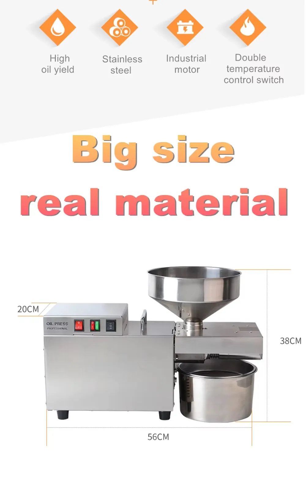 Electric Oil Press Machine – Stainless Steel Oil Extractor for Home Use, Cold/Hot Press, Easy to Operate, High Efficiency for Seeds, Nuts, and Grains - 1200W Commercial Use