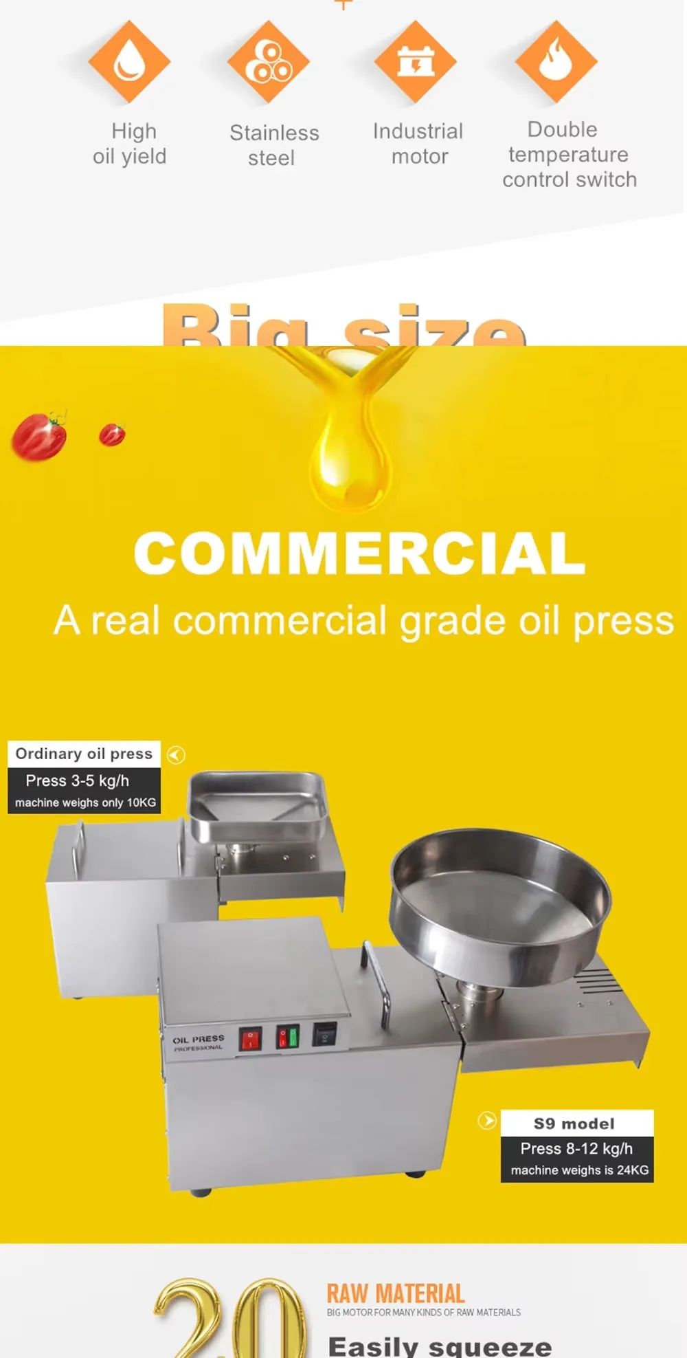 Electric Oil Press Machine – Stainless Steel Oil Extractor for Home Use, Cold/Hot Press, Easy to Operate, High Efficiency for Seeds, Nuts, and Grains - 1200W Commercial Use