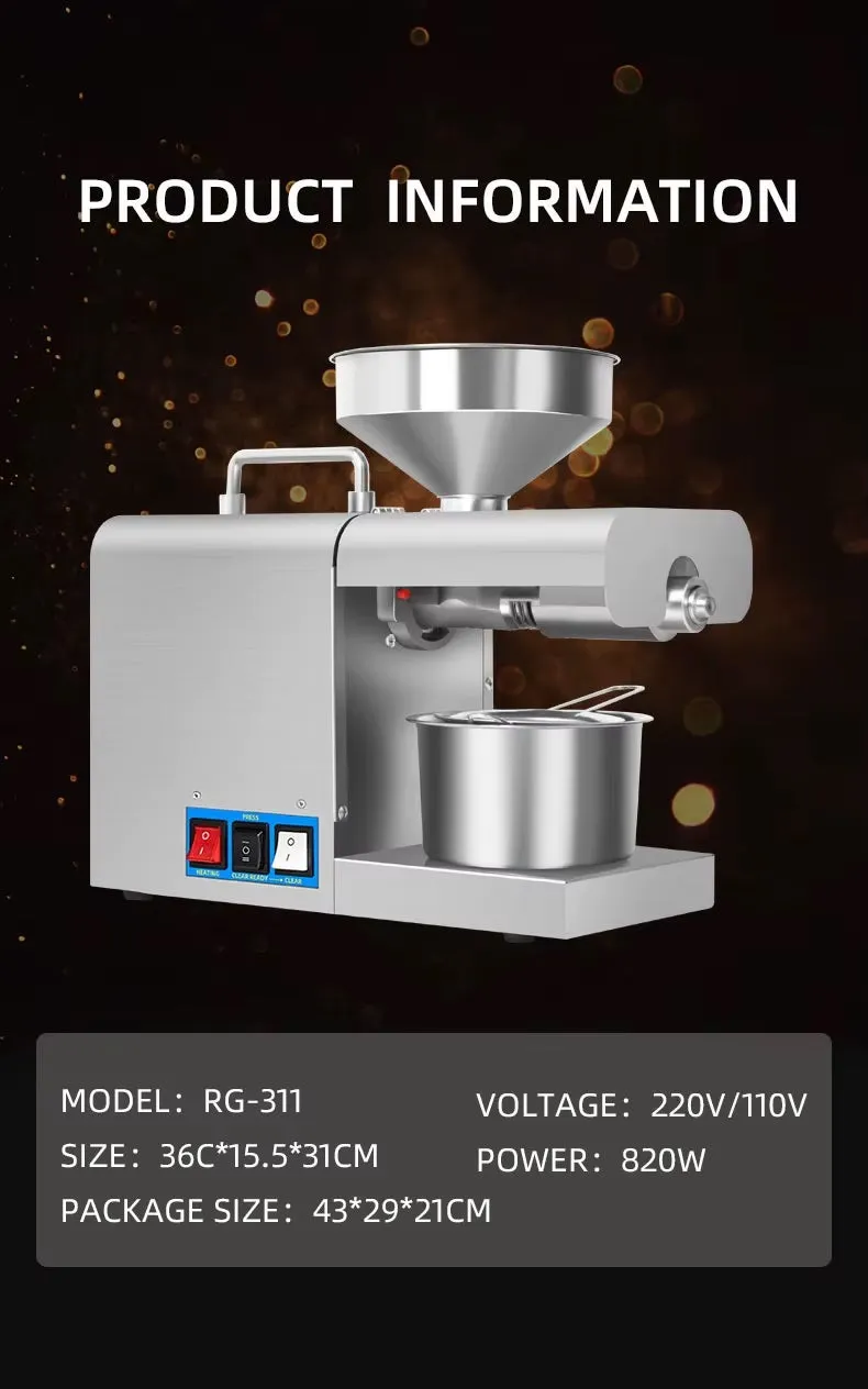 Electric Oil Press Machine – Stainless Steel Oil Extractor for Home Use, Cold/Hot Press, Easy to Operate, High Efficiency for Seeds, Nuts, and Grains - 820W Home Use