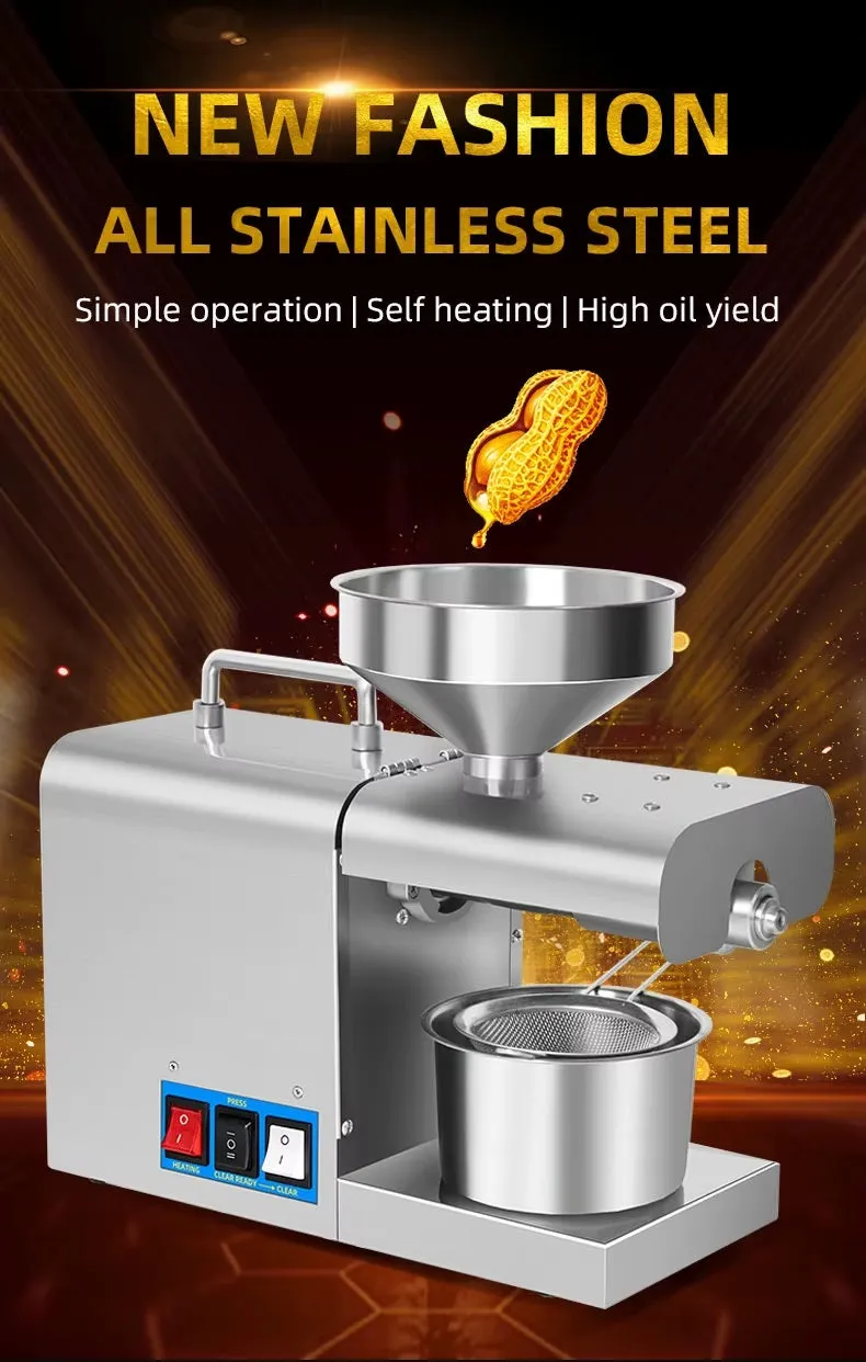 Electric Oil Press Machine – Stainless Steel Oil Extractor for Home Use, Cold/Hot Press, Easy to Operate, High Efficiency for Seeds, Nuts, and Grains - 820W Home Use