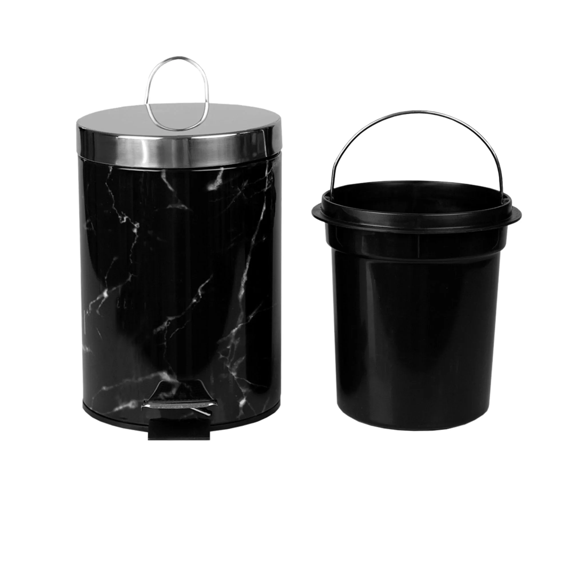 Faux Marble 3 Liter Step Waste Bin with Built-in Metal Handle, Black
