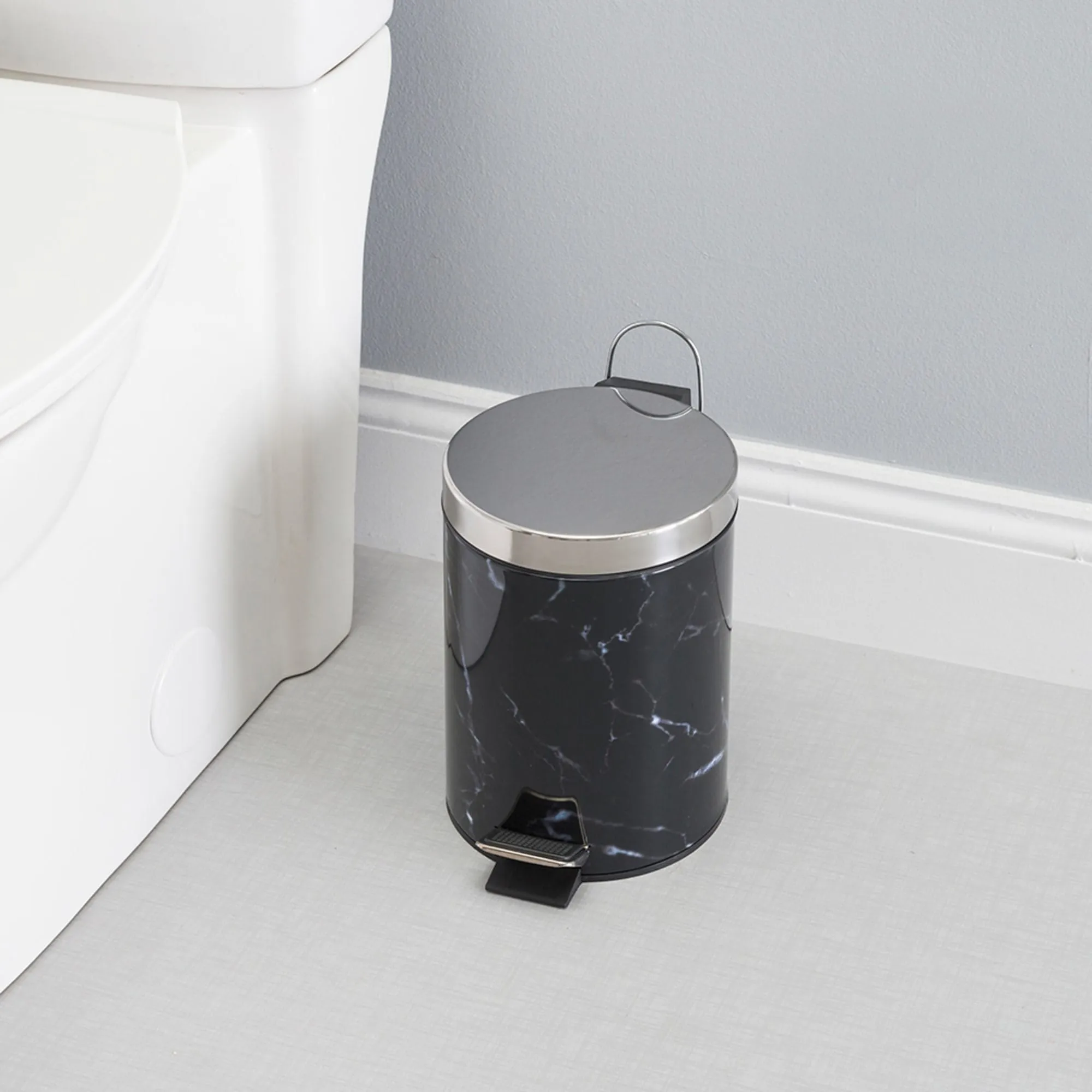 Faux Marble 3 Liter Step Waste Bin with Built-in Metal Handle, Black