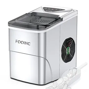 FOOING Ice Maker Countertop, Self-Cleaning Function, 26lbs 24Hrs, 9 Cubes Ready in 7mins with LED Display for Parties Mixed, Portable Ice Cube Maker with Ice Scoop and Basket (Silver)
