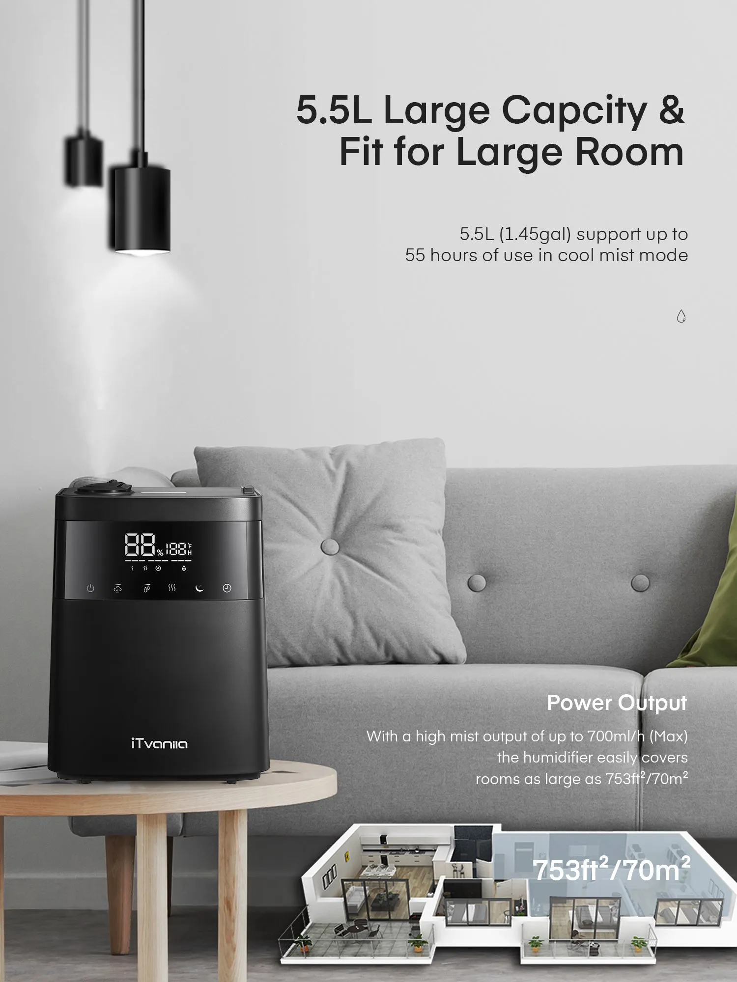 Humidifier with LED Touch Display, 5.5L Top Fill, Warm and Cool Mist for Bedroom, Customized Humidity, Sleep Mode, 12H Timer, for Living Room, Office, and Baby Room
