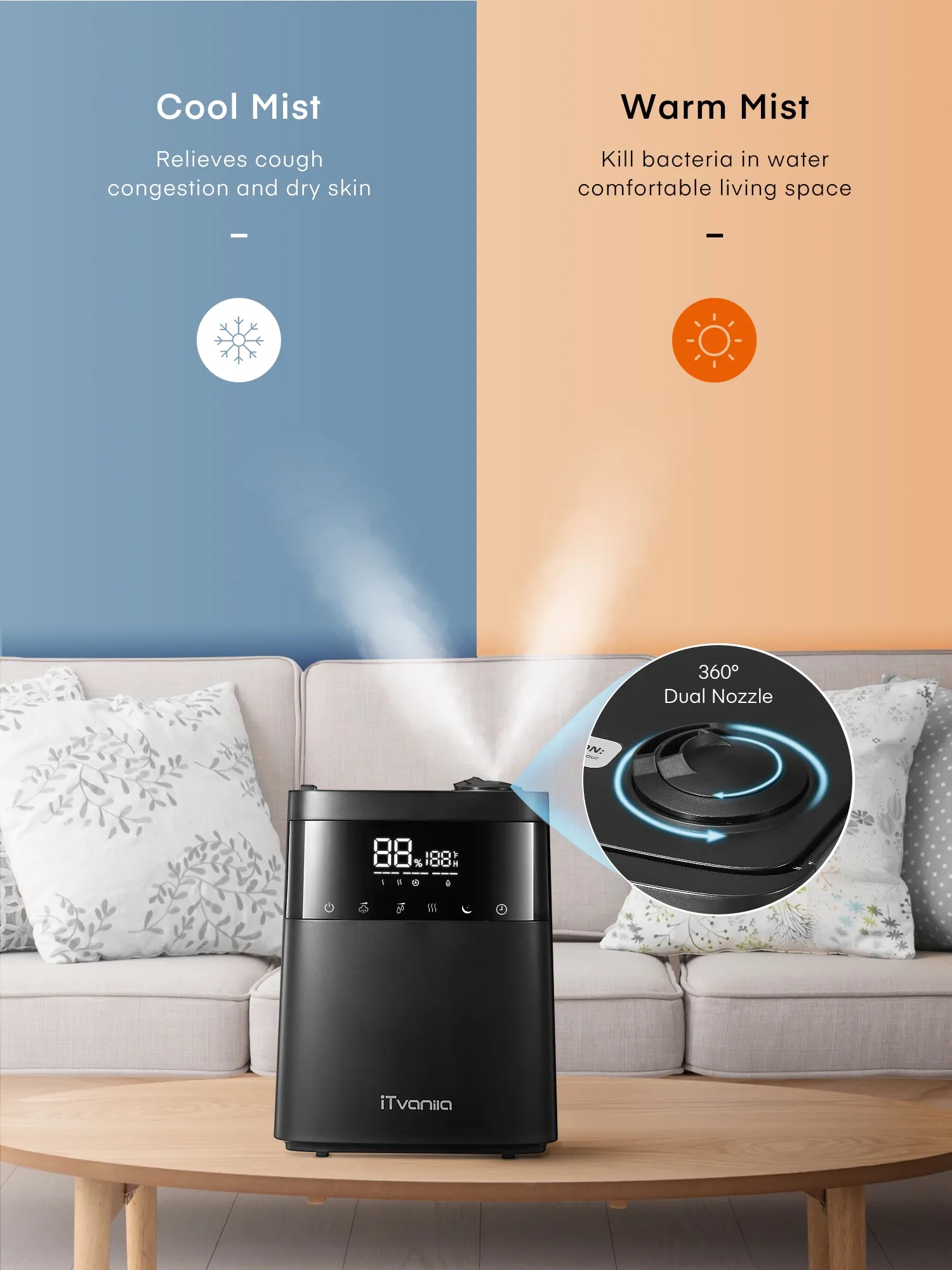 Humidifier with LED Touch Display, 5.5L Top Fill, Warm and Cool Mist for Bedroom, Customized Humidity, Sleep Mode, 12H Timer, for Living Room, Office, and Baby Room