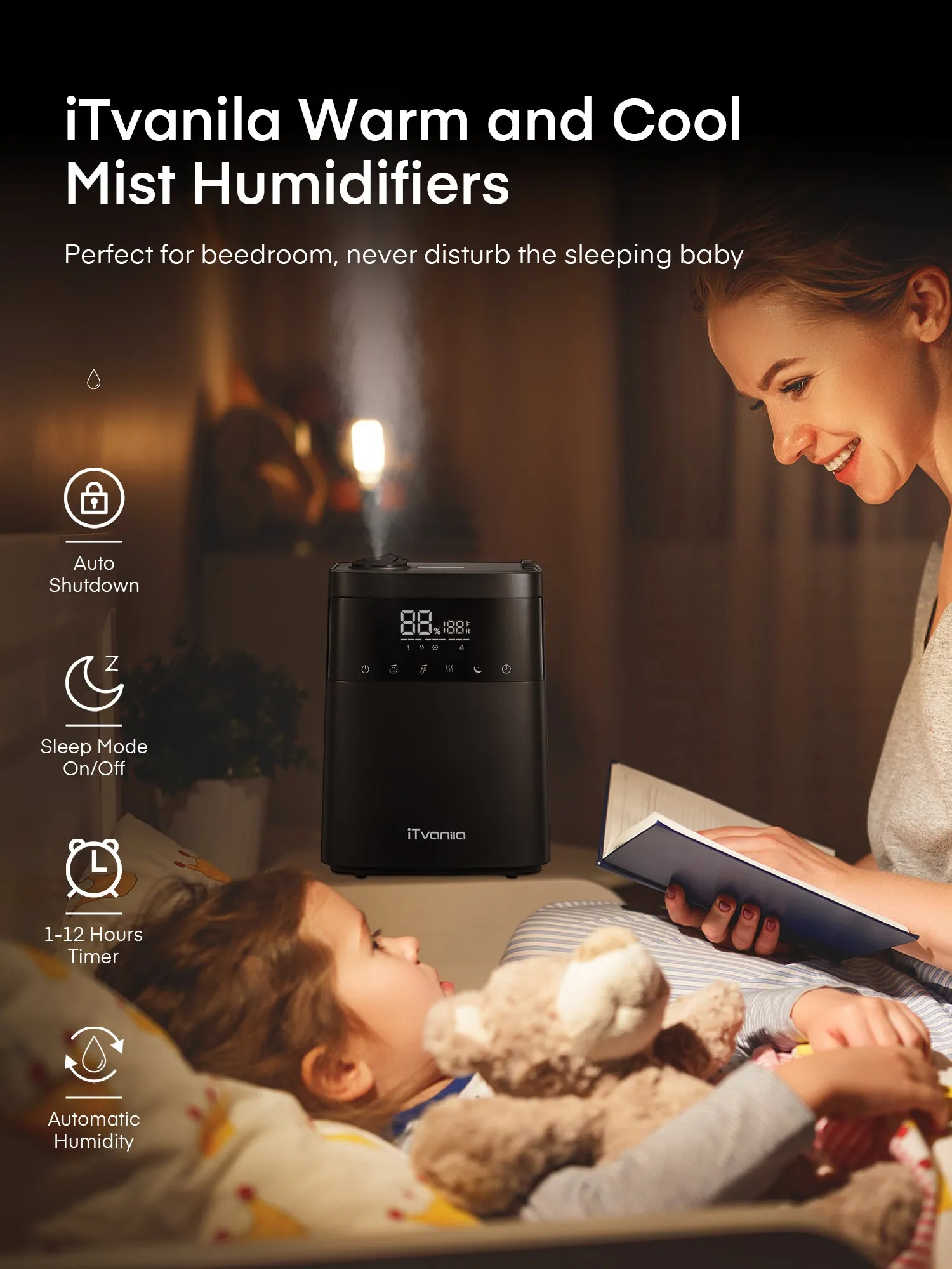 Humidifier with LED Touch Display, 5.5L Top Fill, Warm and Cool Mist for Bedroom, Customized Humidity, Sleep Mode, 12H Timer, for Living Room, Office, and Baby Room
