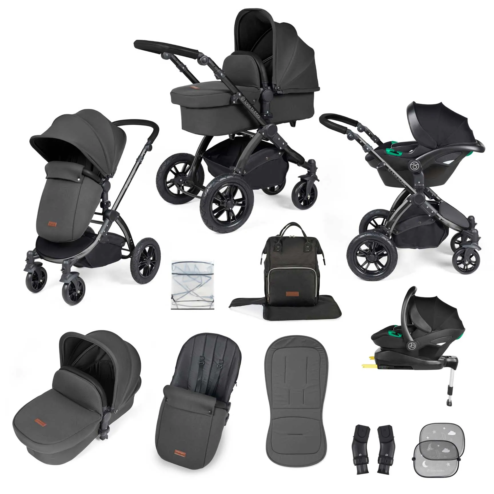 Ickle Bubba Stomp Luxe All-in-One Travel System with Isofix Base in Black/Charcoal Grey/Black