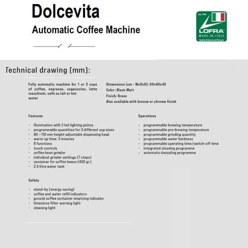 Lofra Dolcevita 60 Stainless Steel Italian Integrated Built In Coffee Machine YRS66T 60cm