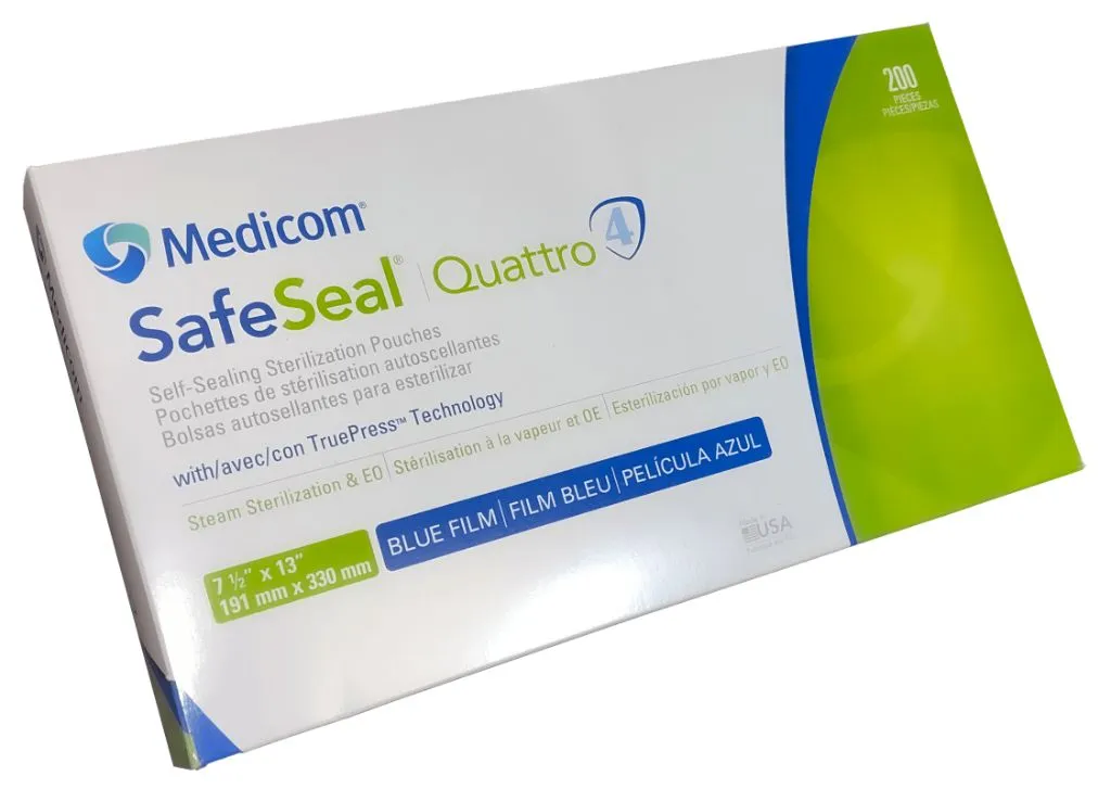 Medicom SafeSeal Quattro Premium Sterilization pouches, 200 Pouches Per Box