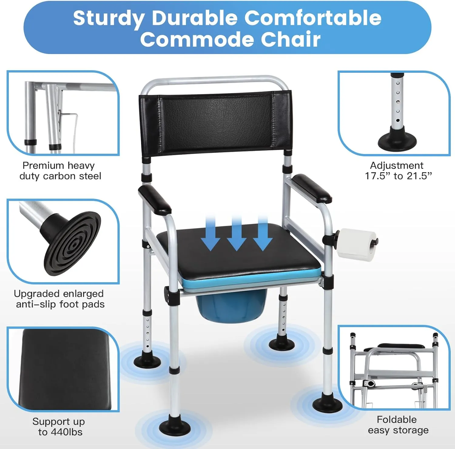 Meubon Folding Steel Bedside Commode Chair I Bedside Toilet I Mobile Toilet for Seniors Elderly and Disabled