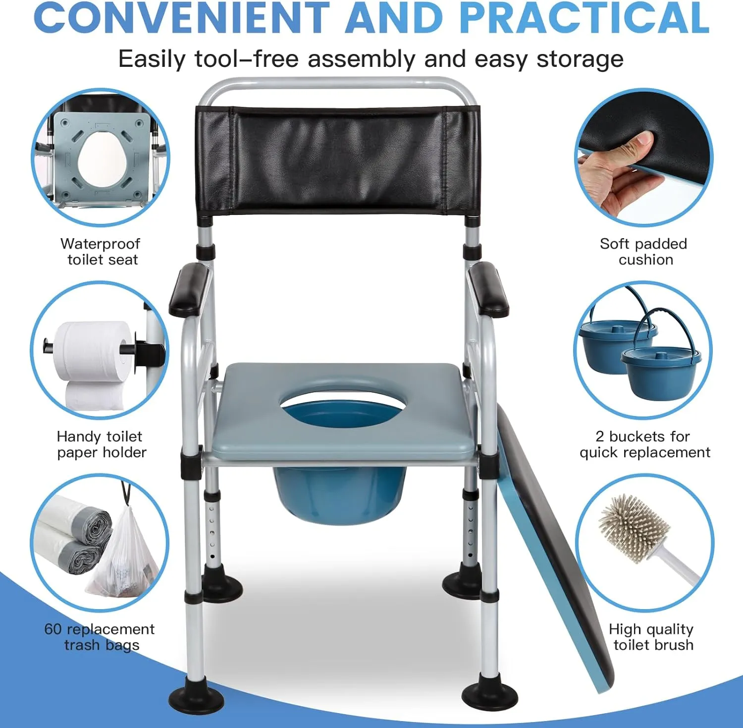 Meubon Folding Steel Bedside Commode Chair I Bedside Toilet I Mobile Toilet for Seniors Elderly and Disabled