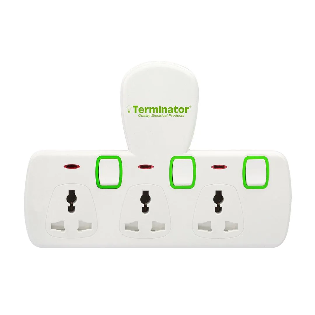 Terminator 3 Way Universal T-Socket Multi Adaptor with Individual Switches and Indicators 13A Esma Approved