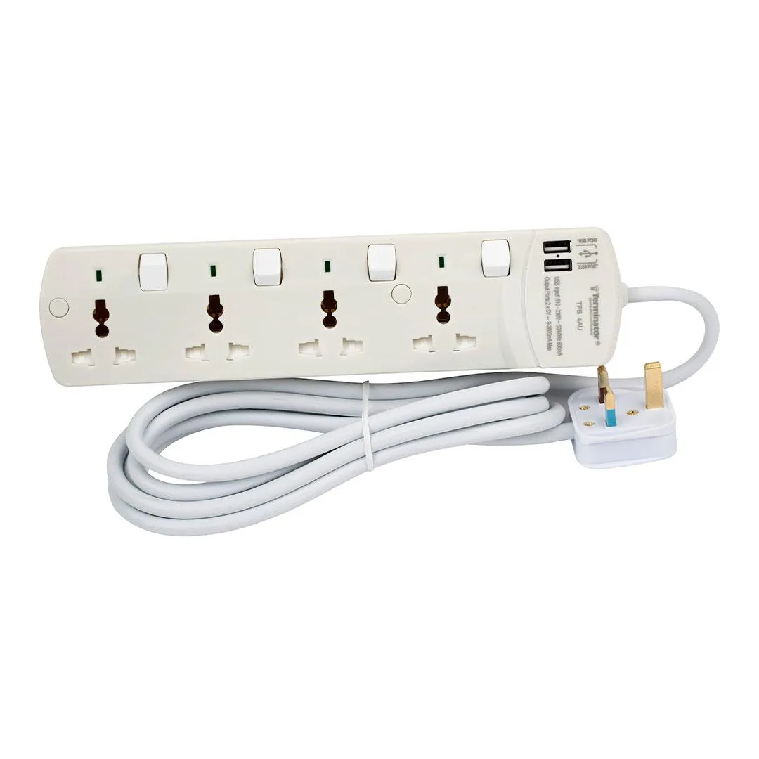 Terminator 4 Way Universal Power Extension Socket with Individual Switches & Indicators 2USB 3M 13A Esma Approved