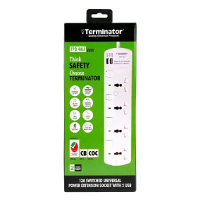 Terminator 4 Way Universal Power Extension Socket with Individual Switches & Indicators 2USB 3M 13A Esma Approved