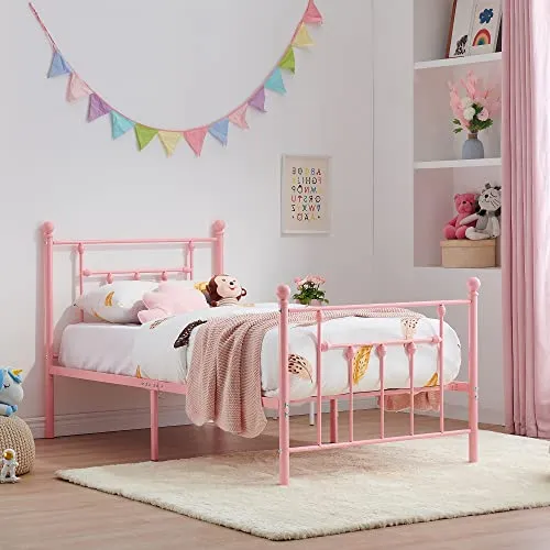 VECELO Twin Size Metal Platform Bed Frame with Headboard and Footboard, Heavy Duty Slat Support/No Box Spring Needed Mattress Foundation/Underbed Storage Space, Victorian Style