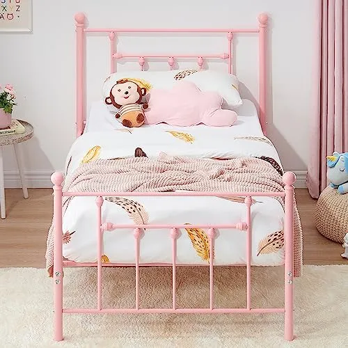 VECELO Twin Size Metal Platform Bed Frame with Headboard and Footboard, Heavy Duty Slat Support/No Box Spring Needed Mattress Foundation/Underbed Storage Space, Victorian Style