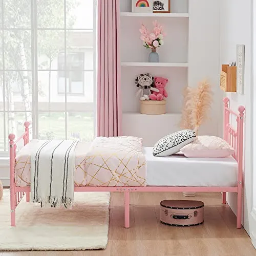 VECELO Twin Size Metal Platform Bed Frame with Headboard and Footboard, Heavy Duty Slat Support/No Box Spring Needed Mattress Foundation/Underbed Storage Space, Victorian Style