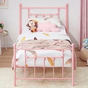 VECELO Twin Size Metal Platform Bed Frame with Headboard and Footboard, Heavy Duty Slat Support/No Box Spring Needed Mattress Foundation/Underbed Storage Space, Victorian Style