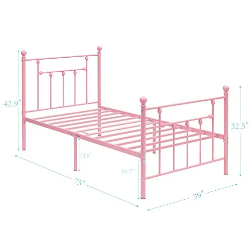 VECELO Twin Size Metal Platform Bed Frame with Headboard and Footboard, Heavy Duty Slat Support/No Box Spring Needed Mattress Foundation/Underbed Storage Space, Victorian Style