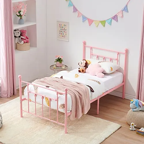 VECELO Twin Size Metal Platform Bed Frame with Headboard and Footboard, Heavy Duty Slat Support/No Box Spring Needed Mattress Foundation/Underbed Storage Space, Victorian Style