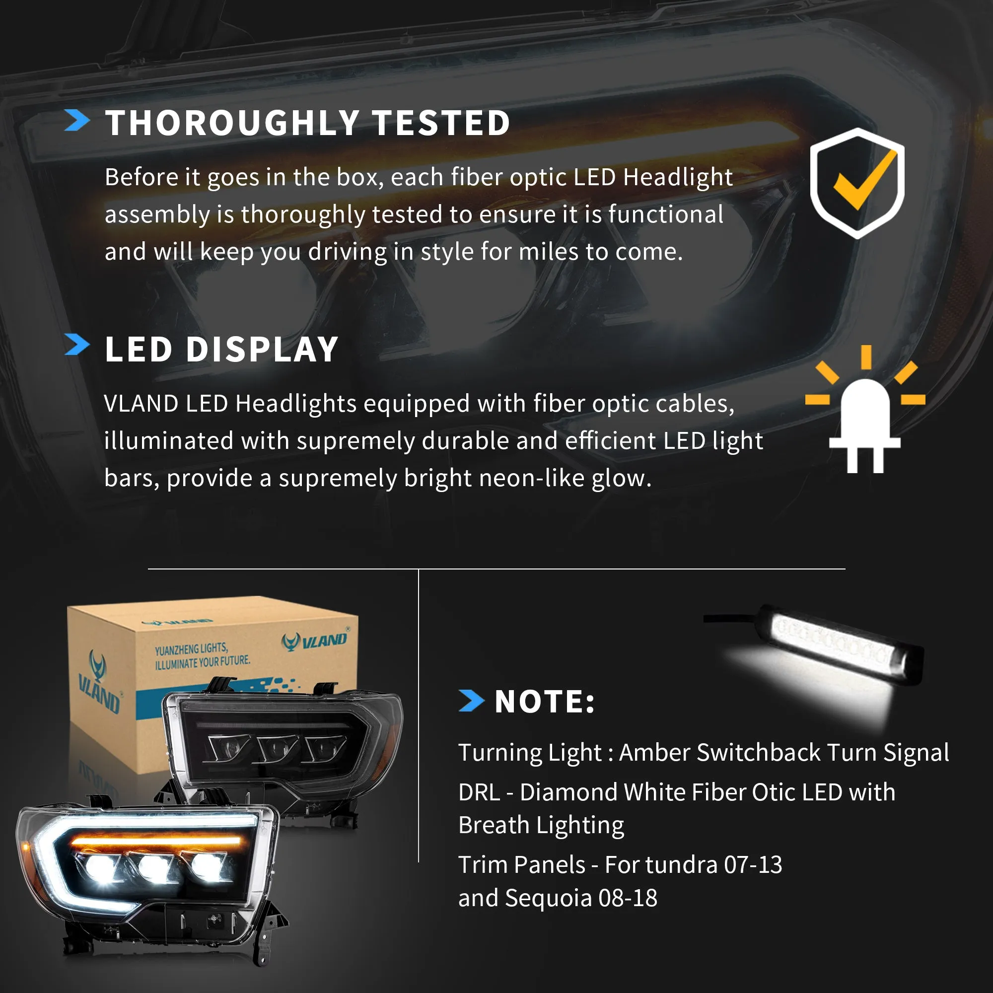 VLAND LED Projector Headlights For Toyota Tundra 2007-2013 & Toyota Sequoia 2008-2020 Front Lights [SAE./DOT.]