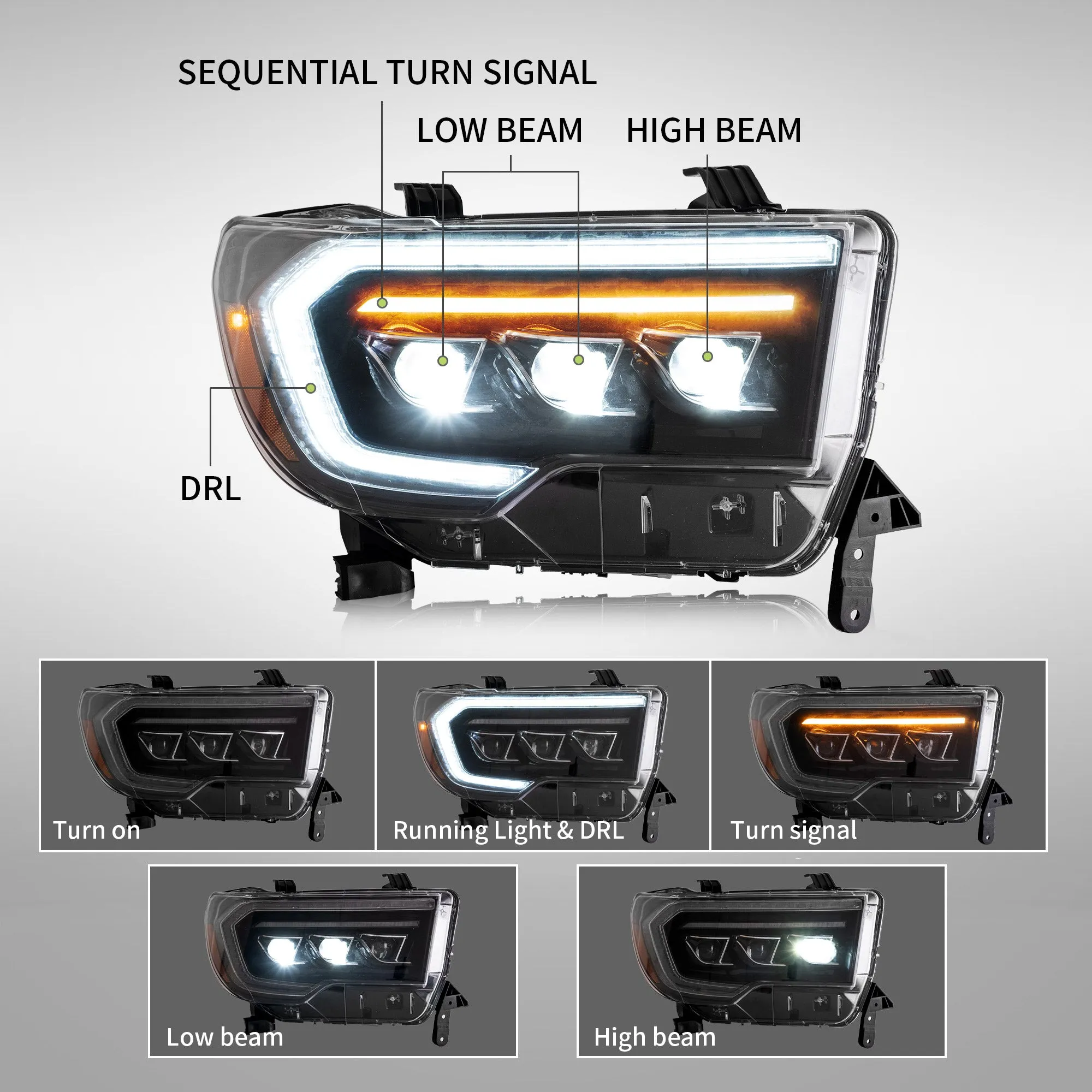 VLAND LED Projector Headlights For Toyota Tundra 2007-2013 & Toyota Sequoia 2008-2020 Front Lights [SAE./DOT.]