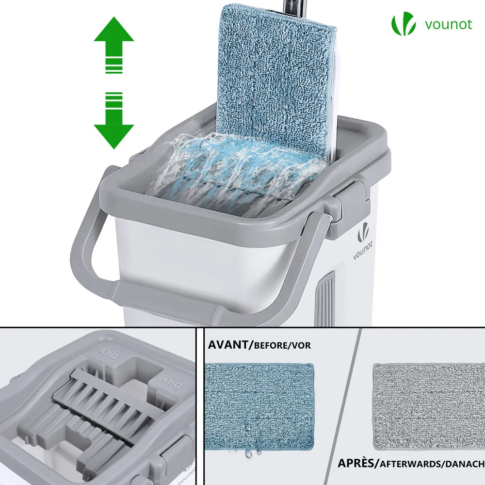 VOUNOT Flat Mop and Bucket set 2-in-1 Hands Free Squeeze with 6 Mop Pads, White