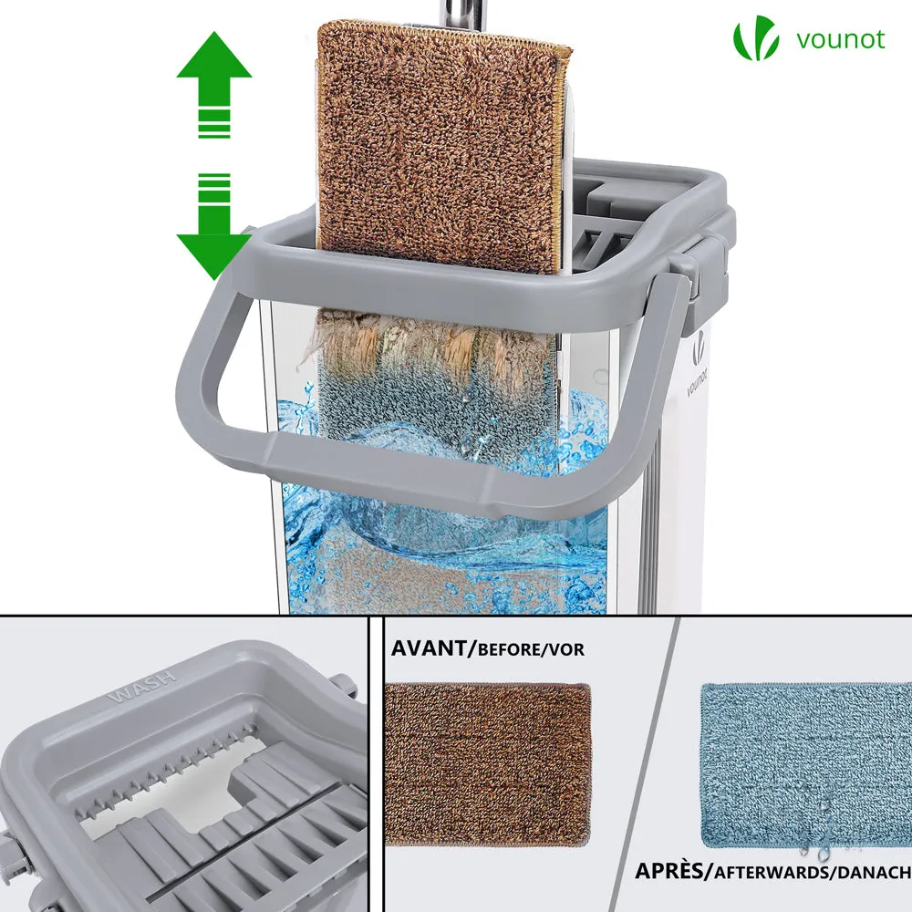 VOUNOT Flat Mop and Bucket set 2-in-1 Hands Free Squeeze with 6 Mop Pads, White