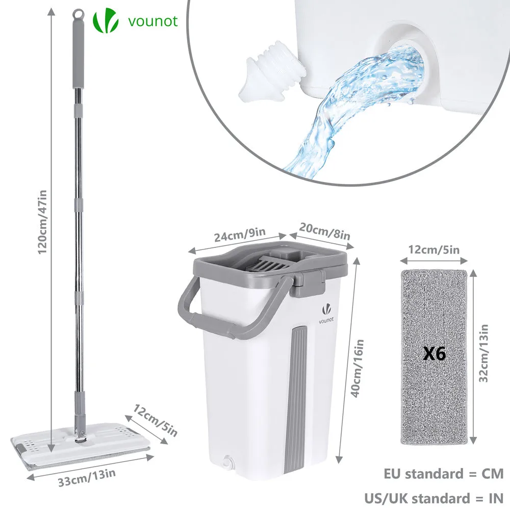 VOUNOT Flat Mop and Bucket set 2-in-1 Hands Free Squeeze with 6 Mop Pads, White
